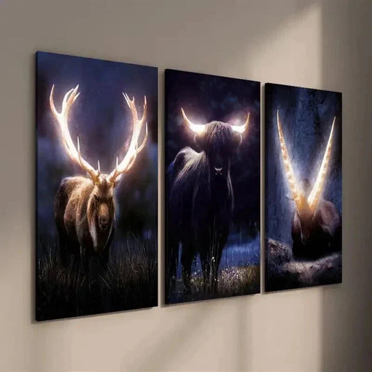 3pcs Stunning Horned Creatures in Dark Forest Wall Art Set Canvas Framed 40x60cm - High Quality Print 100% Australian Made Wall Canvas Ready to Hang