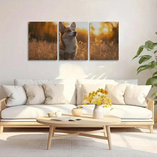 3pcs Corgi Dog in Tall Grass Decoration Wall Art Set Canvas Framed 40x60cm - High Quality Print 100% Australian Made Wall Canvas Ready to Hang