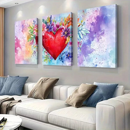 3pcs Vibrant Abstract Floral Heart Canvas Wall Art Set Canvas Framed 40x60cm - High Quality Print 100% Australian Made Wall Canvas Ready to Hang