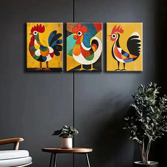 3pcs Abstract Rooster Colorful Perfect Perfect Art Set Canvas Framed 40x60cm - High Quality Print 100% Australian Made Wall Canvas Ready to Hang