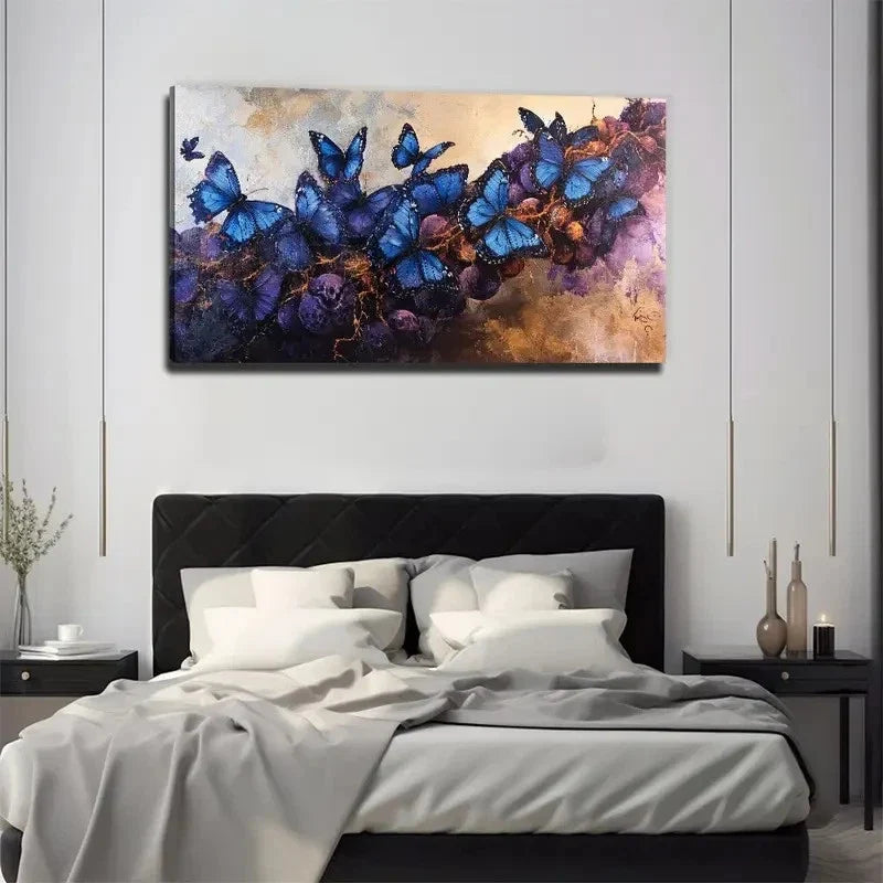 Blue Butterflies Perfect Wall Art Canvas Office Home Room Framed 80x45cm