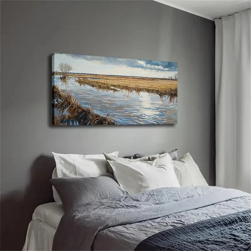 River Beside The Vast Rice Wall Art Canvas Office Home Room Framed 120x60cm