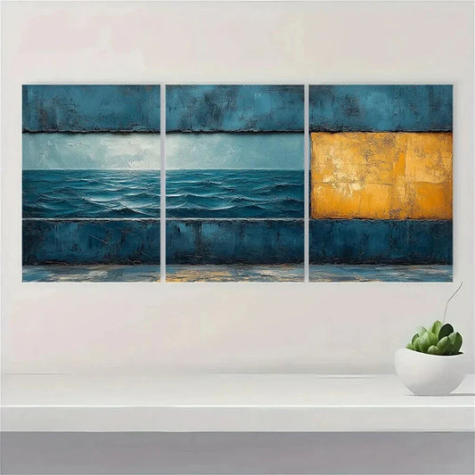3pcs Abstract Teal Blue and Grey Textured Metal Print Ready to Hang Art