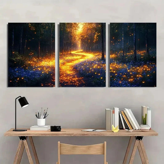 3pcs Glowing Fireflies Forest Scene Metal Print Ready to Hang Art