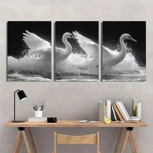 3pcs Black and White Swans White Wings Metal Print Ready to Hang Art