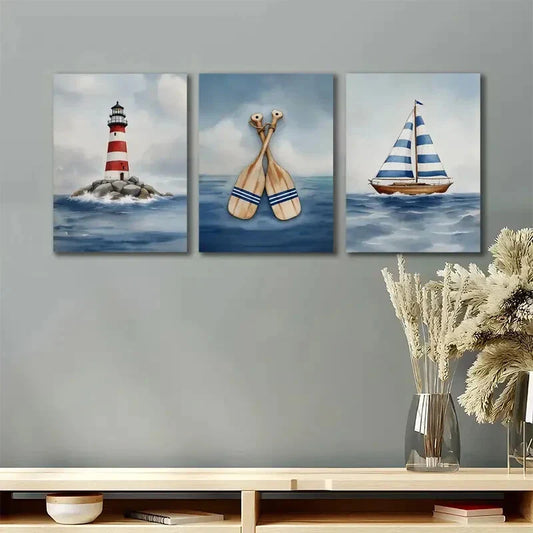 3pcs Lighthouse Sailboat & Oars Ocean Metal Print Ready to Hang Art