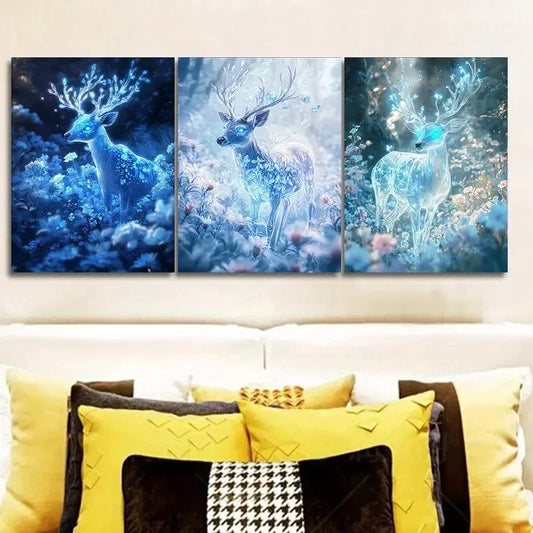3pcs Luxurious, Deer with Ice-blue, Metal Print Ready to Hang Art
