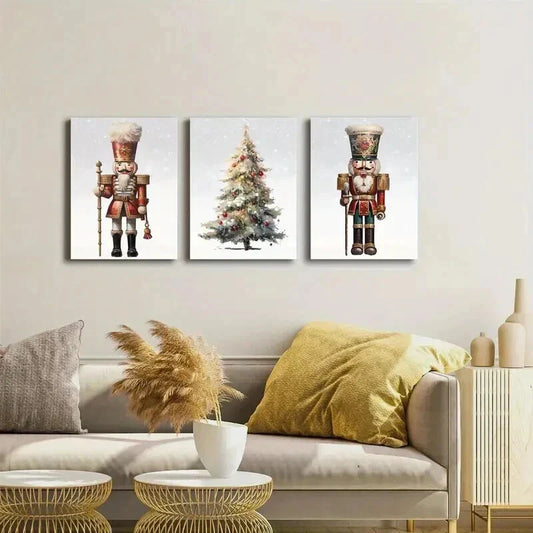 3pcs Nutcracker & Christmas Tree Wall Art Set Canvas Framed 40x60cm - High Quality Print 100% Australian Made Wall Canvas Ready to Hang