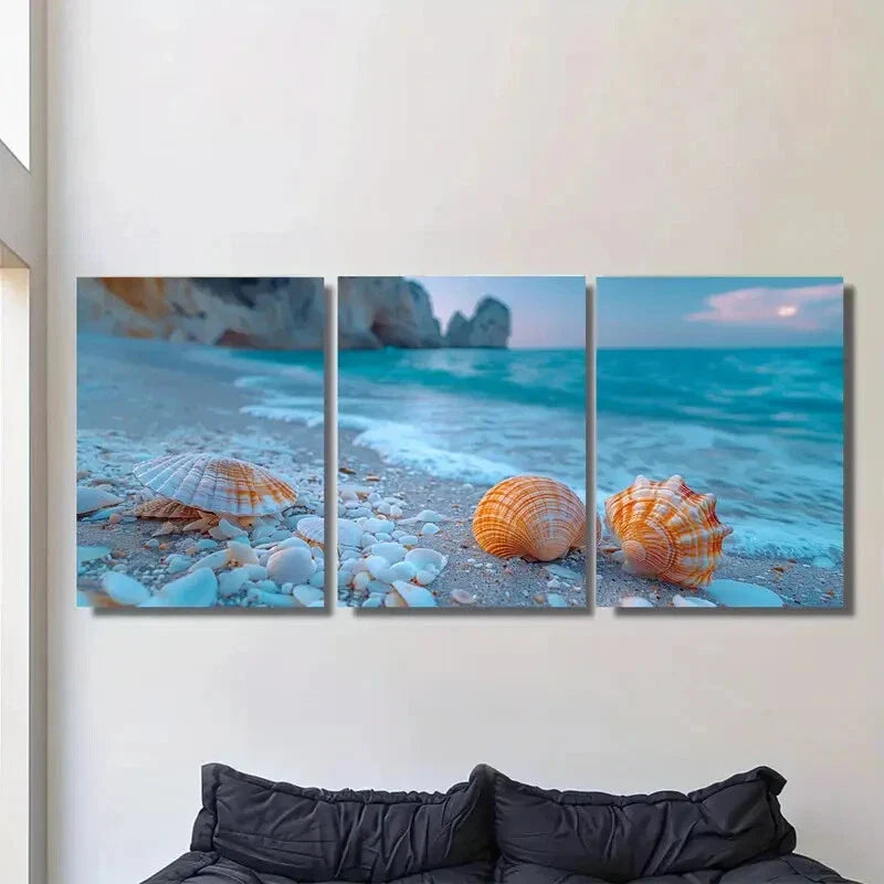 3pcs Coastal Sunset Seascape Beach Seashell Metal Print Ready to Hang Art