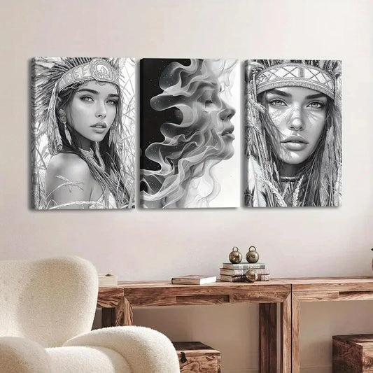 3pcs Elegant Abstract Ladies Gray & White Native Wall Art Set Canvas Framed 40x60cm - High Quality Print 100% Australian Made Wall Canvas Ready to Hang