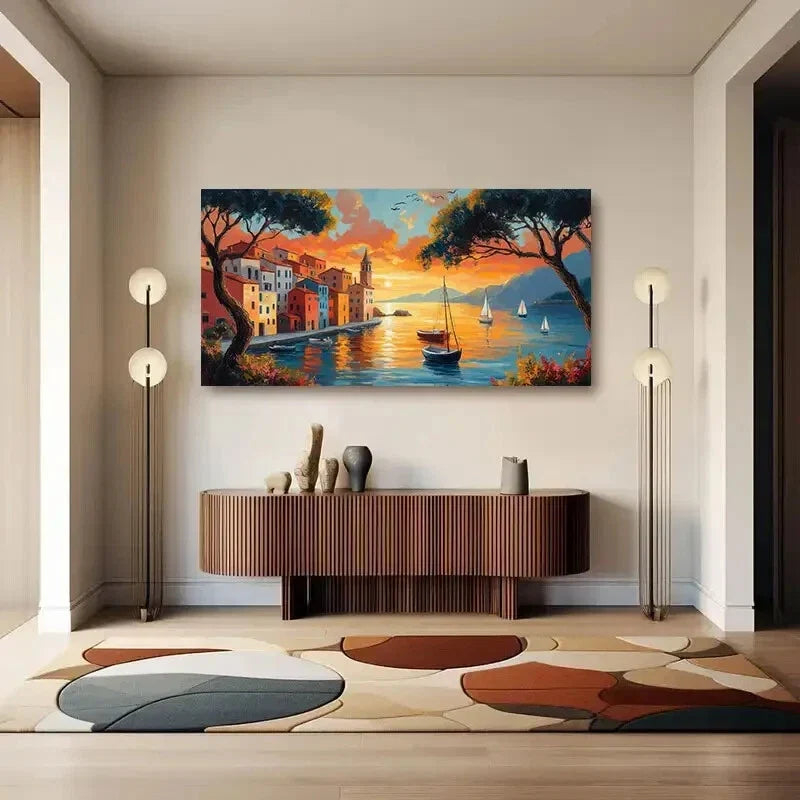 Modern Coastal Sunset Seascape Wall Art Canvas Office Home Room Framed 80x45cm