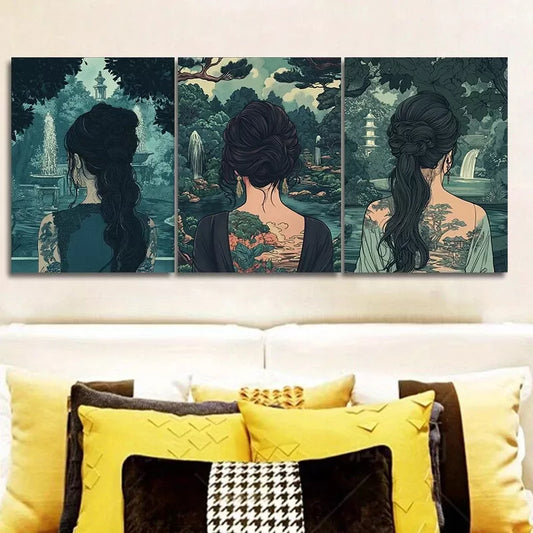 3pcss Asian Woman Nature Greenery Wall Art Set Canvas Framed 40x60cm - High Quality Print 100% Australian Made Wall Canvas Ready to Hang
