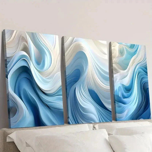 3pcs Abstract Blue and White Swirl Wave Wall Art Set Canvas Framed 40x60cm - High Quality Print 100% Australian Made Wall Canvas Ready to Hang
