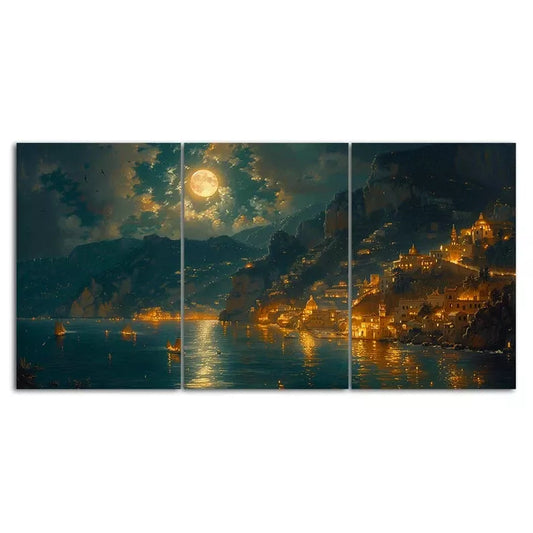 3pcs Cliffside Village at Night Full Moon Scenery Canvas Framed 40x60cm - High Quality Print 100% Australian Made Wall Canvas Ready to Hang