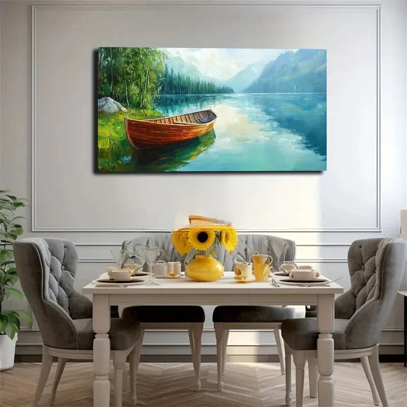 Lake Scene with Wooden Boat Wall Art Canvas Office Home Room Framed 80x45cm