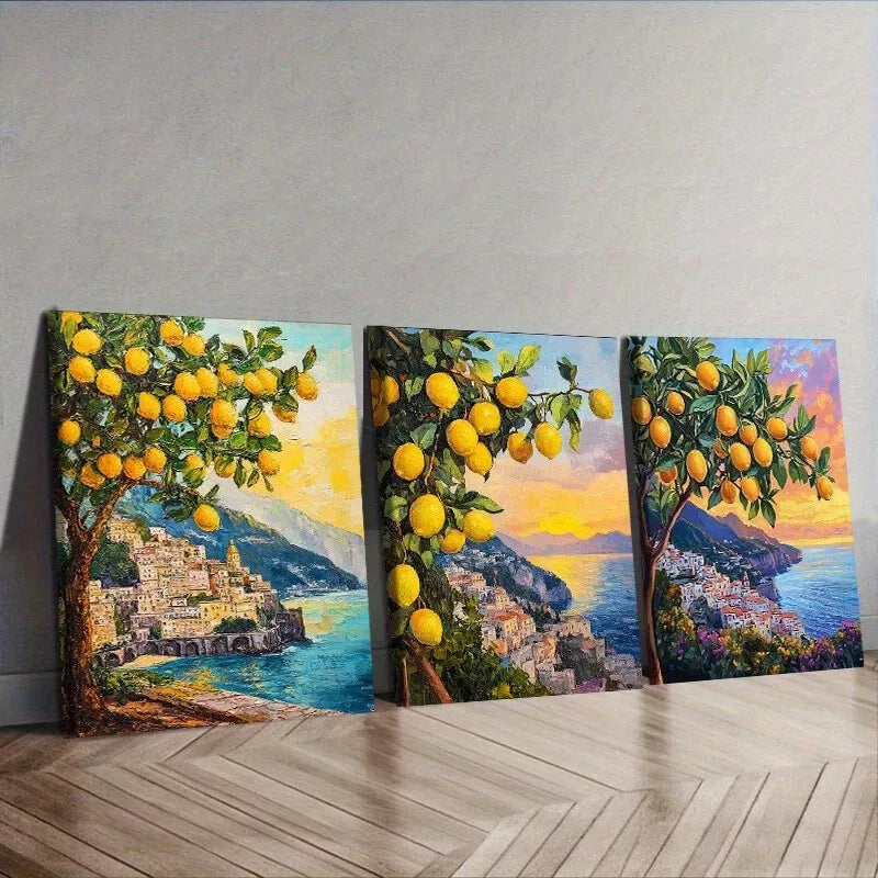 3pcss Lemon Tree In A Coastal Area Wall Art Set Canvas Framed 40x60cm - High Quality Print 100% Australian Made Wall Canvas Ready to Hang