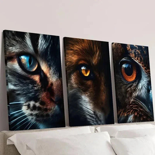 3pcs Portraits of Cat Fox & Owl Eyes Wall Art Set Canvas Framed 40x60cm - High Quality Print 100% Australian Made Wall Canvas Ready to Hang
