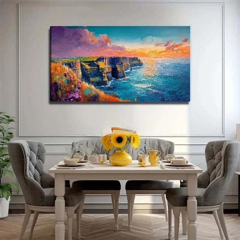 Vibrant Cliffs By The Sea Land Wall Art Canvas Office Home Room Framed 120x60cm