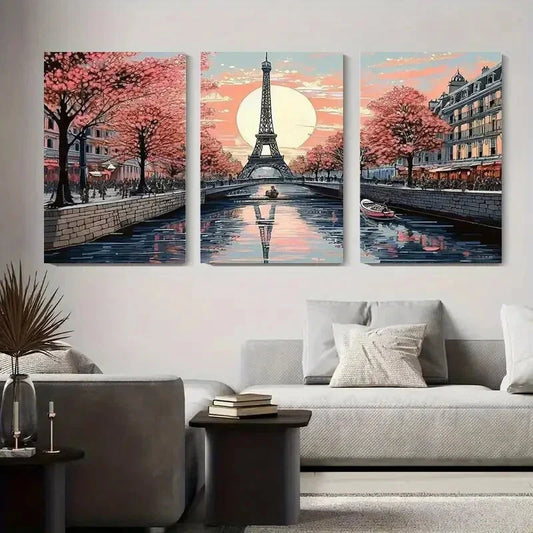 3pcs Paris Eiffel Tower Cherry Blossom Sunset Metal Print Ready to Hang Art