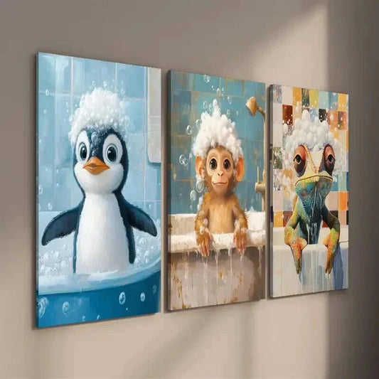 3pcs Cute Penguin Monkey Chameleon in Bathtub Wall Art Set Canvas Framed 40x60cm - High Quality Print 100% Australian Made Wall Canvas Ready to Hang