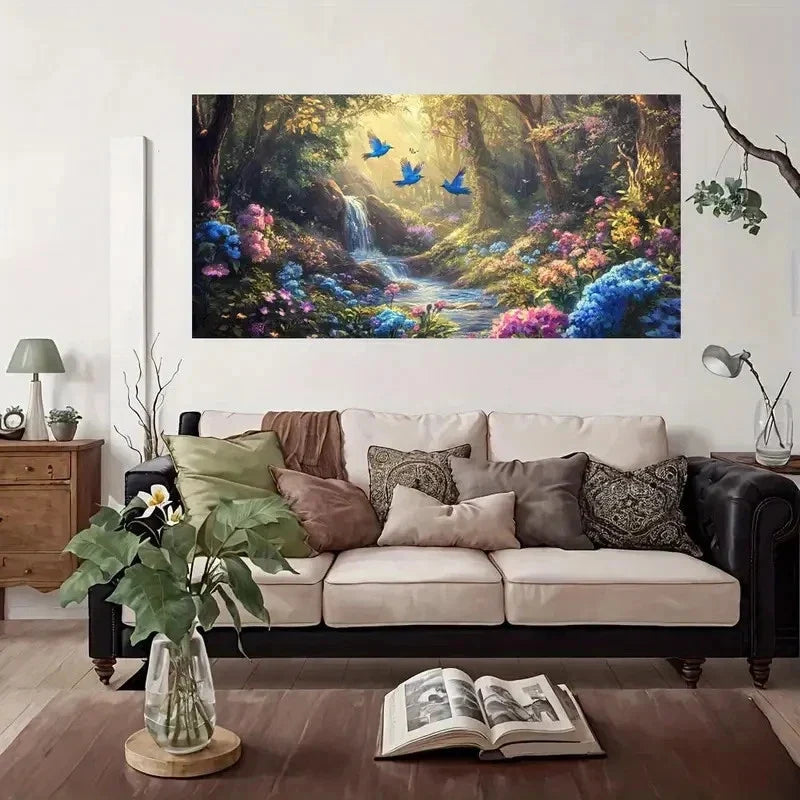 Enchanted Forest Waterfall Bird Wall Art Canvas Office Home Room Framed 120x60cm