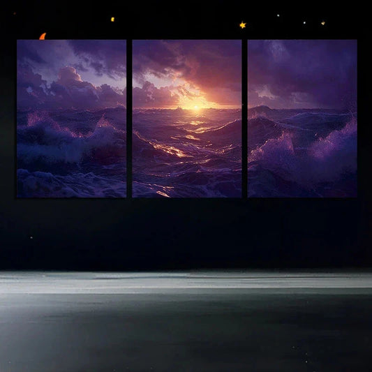 3pcs Ocean-Themed Purple Theme Metal Print Ready to Hang Art