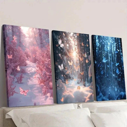 3pcs Blue and Pink Butterfly in Forest Wall Art Set Canvas Framed 40x60cm - High Quality Print 100% Australian Made Wall Canvas Ready to Hang