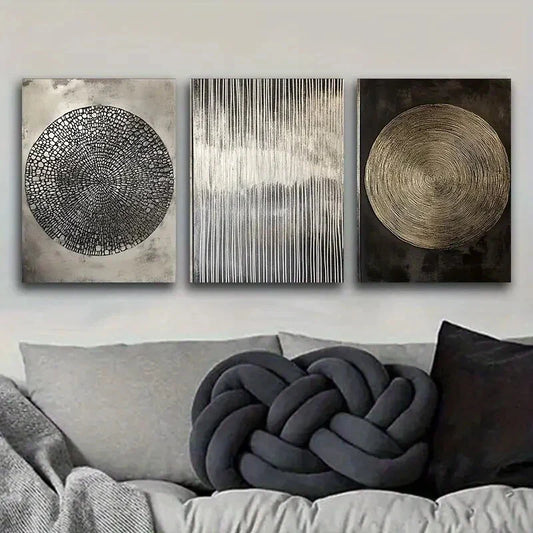 3pcs Textured Abstract Designs in Silvery, Black Metal Print Ready to Hang Art