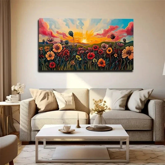 Wildflowers And Sunset Fields Wall Art Canvas Office Home Room Framed 120x60cm