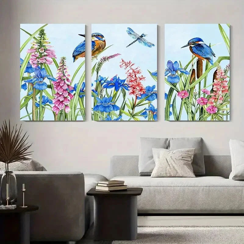 3pcs Kingfisher and Wildflower Nature Inspired Metal Print Ready to Hang Art
