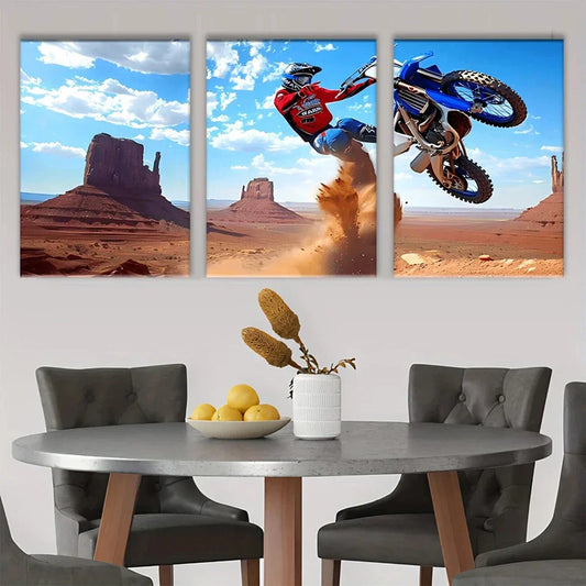 3pcs Blue and White Off-Road Bikes Black Wheels Metal Print Ready to Hang Art