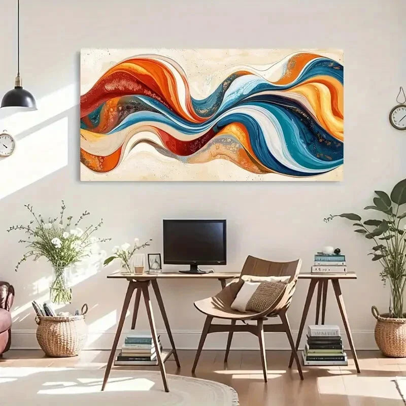 Vibrant Abstract Floral Wave Wall Art Canvas Office Home Room Framed 80x45cm