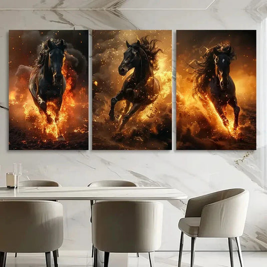 3pcs Black Horse Majestic Fire-Breathing Horse Metal Print Ready to Hang Art