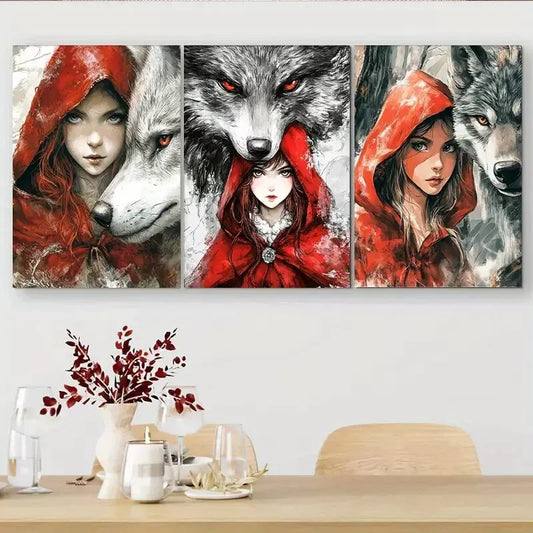 3pcs little Red Riding Hood and Wolves Triptych Wall Art Canvas Wall Art Set Canvas Framed 40x60cm - High Quality Print 100% Australian Made Wall Canvas Ready to Hang
