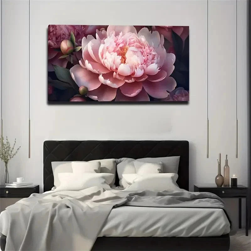 Pink Peonies & Peonies Flowers Wall Art Canvas Office Home Room Framed 80x45cm