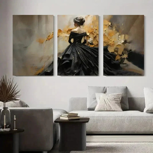 3pcs Elegant Woman in Black Dress with Golden Metal Print Ready to Hang Art