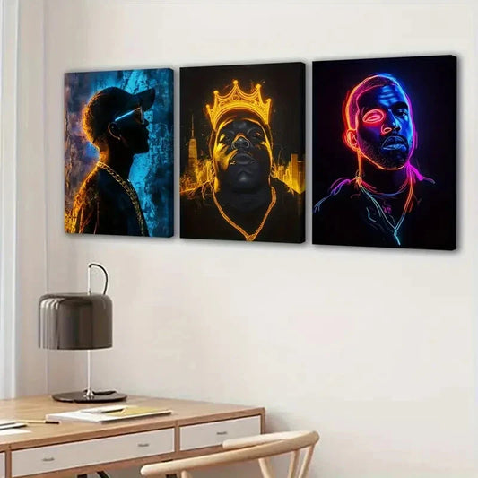 3pcs Neon Styled Rappers Painting Decoration Wall Art Set Canvas Framed 40x60cm - High Quality Print 100% Australian Made Wall Canvas Ready to Hang