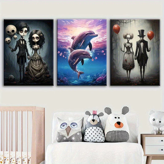 3pcs Skeleton Couple Modern Fantasy Metal Print Ready to Hang Art