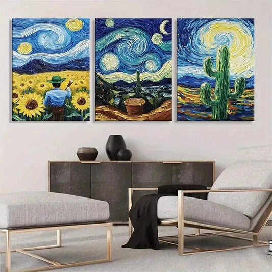 3pcs Van Gogh Starry Night Swirl Sky Perfect Wall Art Set Canvas Framed 40x60cm - High Quality Print 100% Australian Made Wall Canvas Ready to Hang