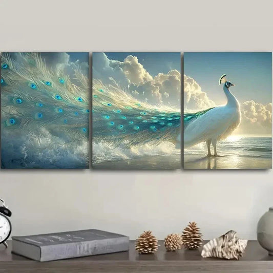 3pcs Elegant White PeaRooster with Blue Feathers Metal Print Ready to Hang Art