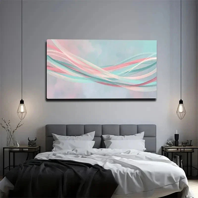 Pink Blue Green Ribbon Inter Wall Art Canvas Office Home Room Framed 80x45cm