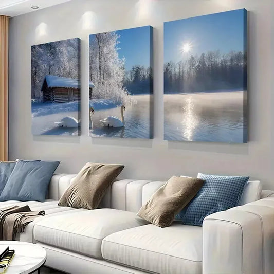 3pcs calm charm Winter Swan Lake Wrapped Wall Art Set Canvas Framed 40x60cm - High Quality Print 100% Australian Made Wall Canvas Ready to Hang