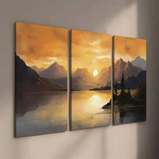 3pcs Sunset Mountain & Lake Landscape Wall Art Set Canvas Framed 40x60cm - High Quality Print 100% Australian Made Wall Canvas Ready to Hang