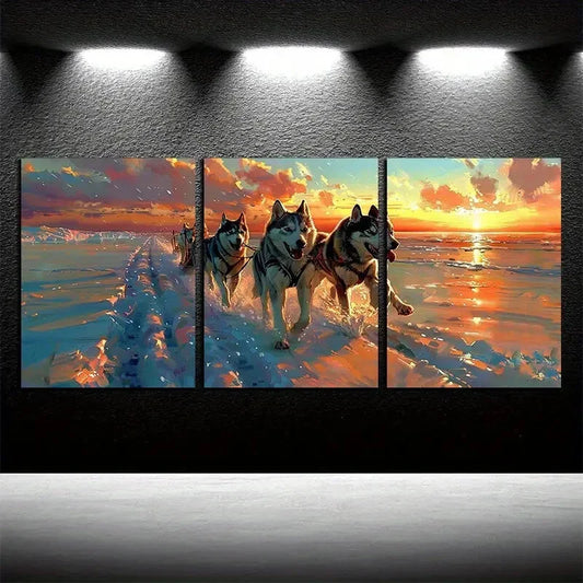 3pcs Running Dog Sled Sunset Clouds Metal Print Ready to Hang Art