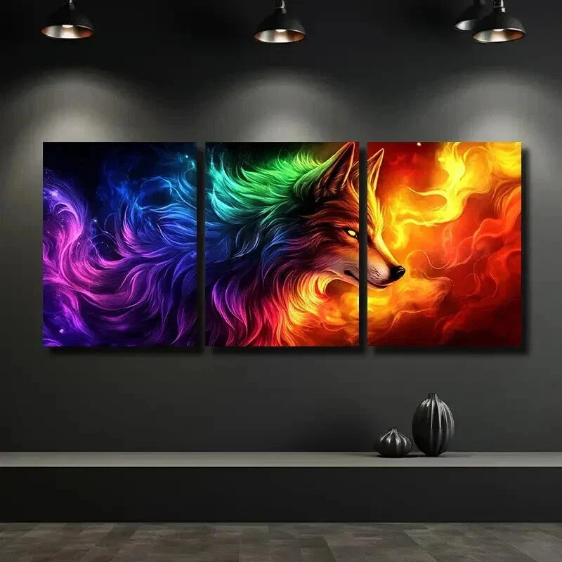 3pcs Glowing Vivid Fantasy Wolf Mural Wall Art Set Canvas Framed 40x60cm - High Quality Print 100% Australian Made Wall Canvas Ready to Hang