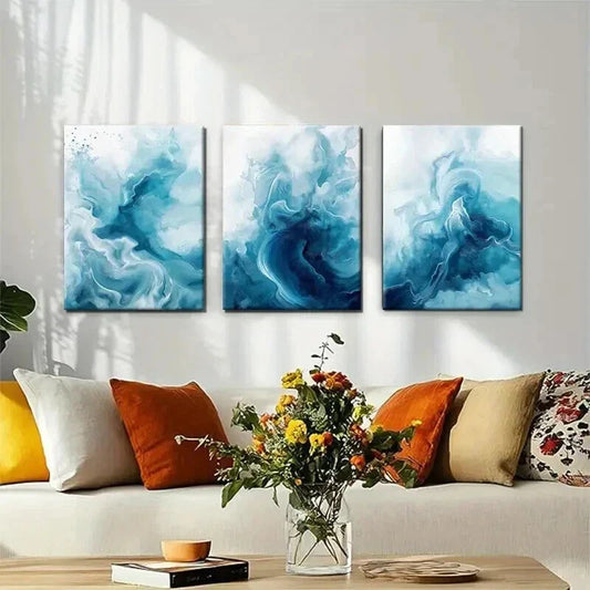 3pcs Deep Blue and Aqua Watercolor Design Wall Art Set Canvas Framed 40x60cm - High Quality Print 100% Australian Made Wall Canvas Ready to Hang