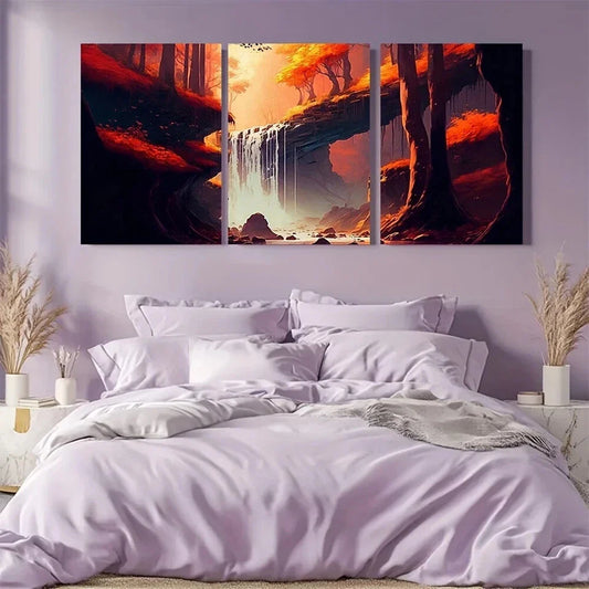 3pcs Fantasy Waterfall Orange Nature Metal Print Ready to Hang Art