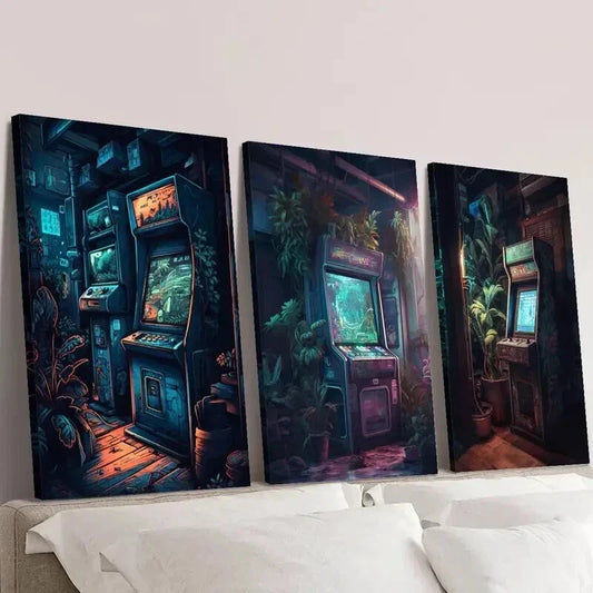 3pcs Retro Arcade Nostalgic Gaming Scenery Wall Art Set Canvas Framed 40x60cm - High Quality Print 100% Australian Made Wall Canvas Ready to Hang