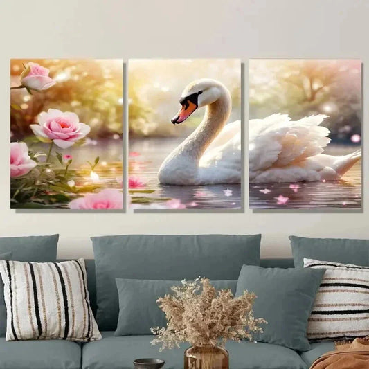 3pcs Pink Roses Waterfront Scene with Blooming Wall Art Set Canvas Framed 40x60cm - High Quality Print 100% Australian Made Wall Canvas Ready to Hang