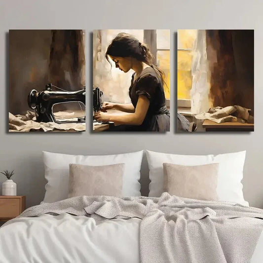 3pcs Young Woman Sewing Vintage Machine Metal Print Ready to Hang Art